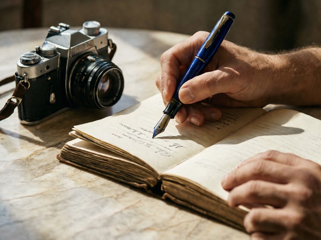 Hands holding a blue fountain pen over an open notebook on a stone table.