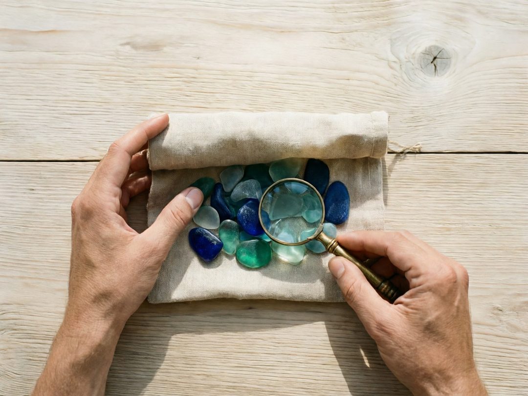 Hands untying a linen roll of sea glass near a brass magnifying glass.