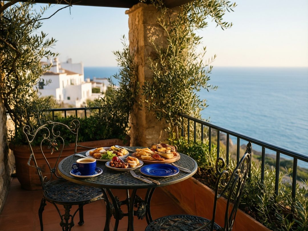 A blue espresso cup on a balcony overlooking the sea and white buildings.